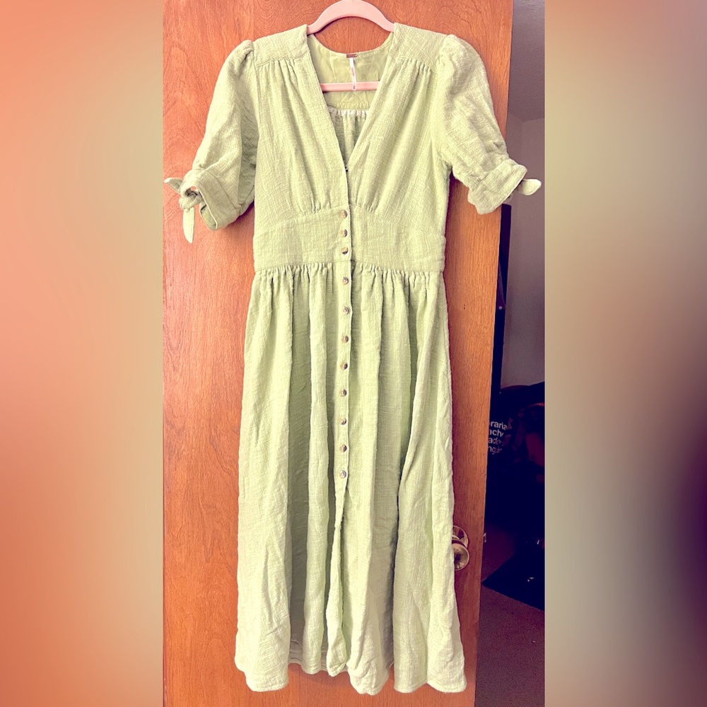 Free People Green V Neck Love Of My Life Button Down Short Sleeve Dress